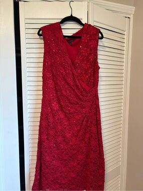 connected apparel Red Lace Midi Dress with V-Neck